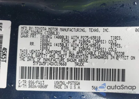 2013 Toyota Tundra Grade 5.7L V8 from USA, damaged, VIN 5TFDW5F14DX319668